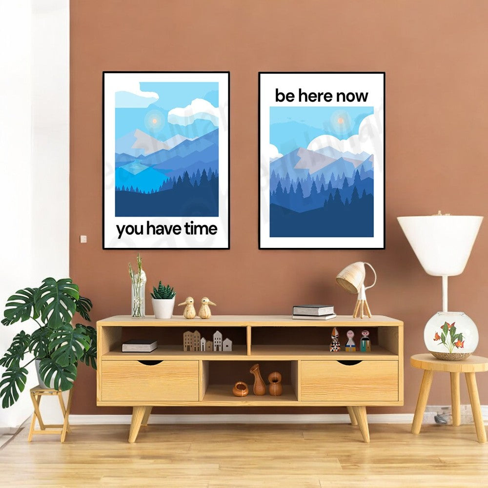 Now is your time blue mountain landscape wall art poster, live in the moment, breathe, mindfulness zen aesthetic print,