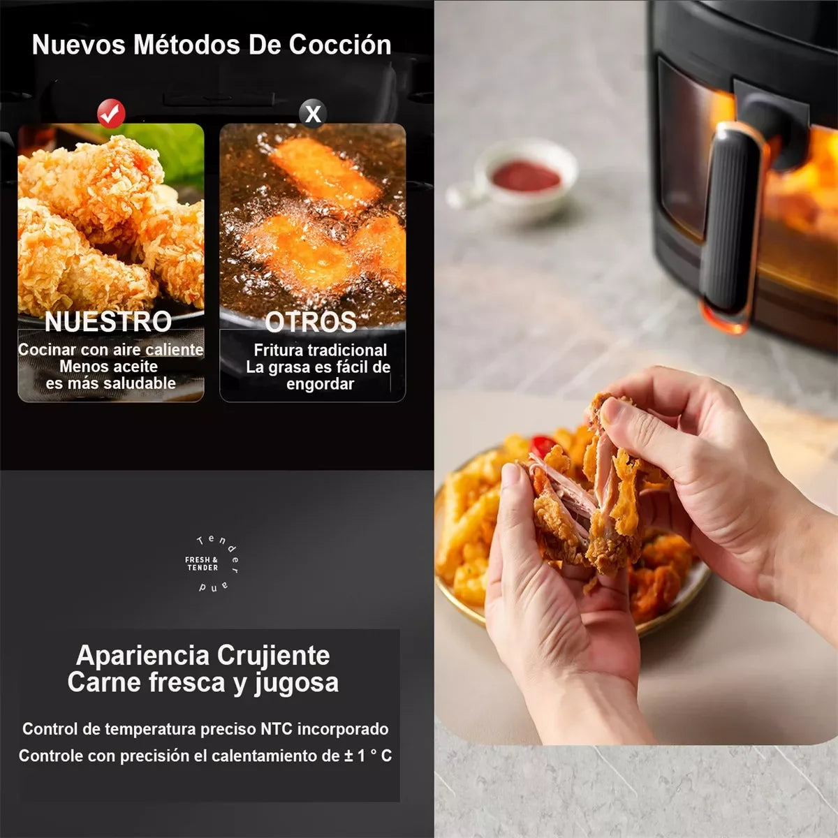 Freidora Aire 8L 2400W Con Pantalla Tactil Regulación De Temperatura Y De Visualización Air Fryer Programable (8 Litros)